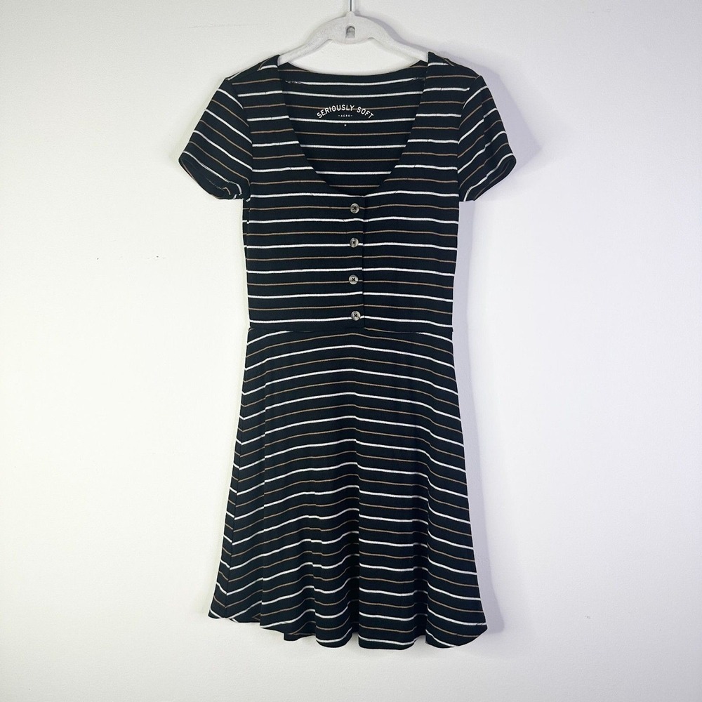 Aero Seriosly Soft Dress Women M Black Stripe Skater Rib Knit Bodycon Y2K NWOT